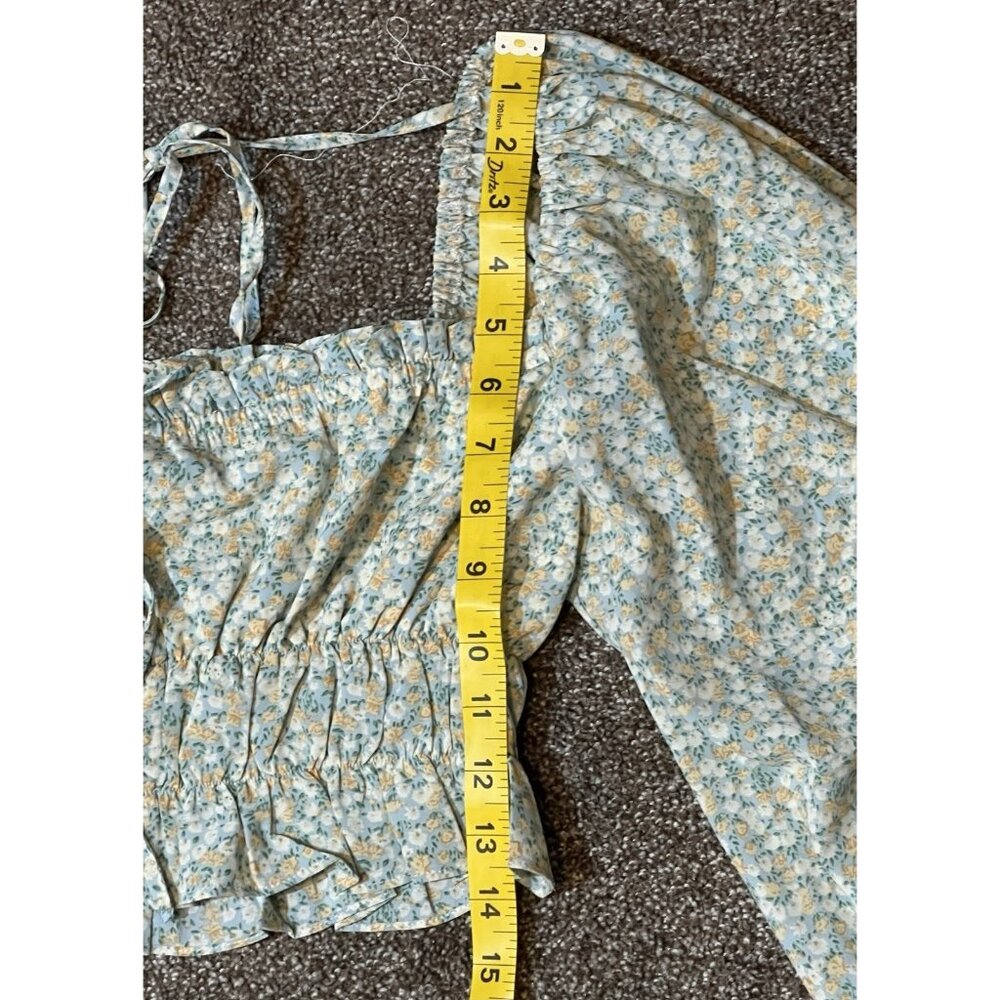 Mable Anthropologie Women FLORAL PUFF SLEEVE Crop Top Medium Size Stretch Green - Picture 9 of 11